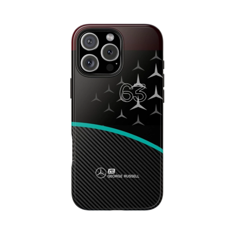 La funda definitiva para teléfono Mercedes F1 Russell 63 de fibra de carbono para iPhone