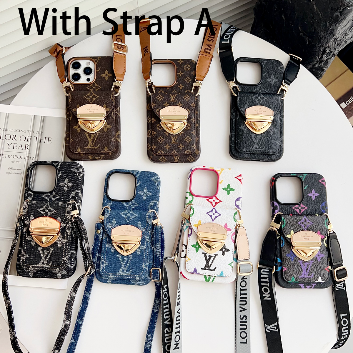 Luksus Crossbody iPhone-deksel med kortlomme og avtakbar stropp