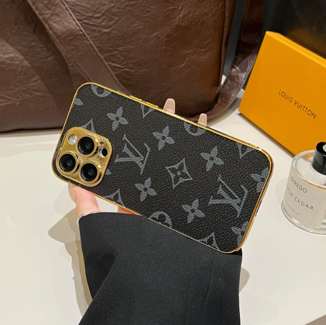 Luksus klassisk monogram iPhone-deksel med galvaniserte gullkanter