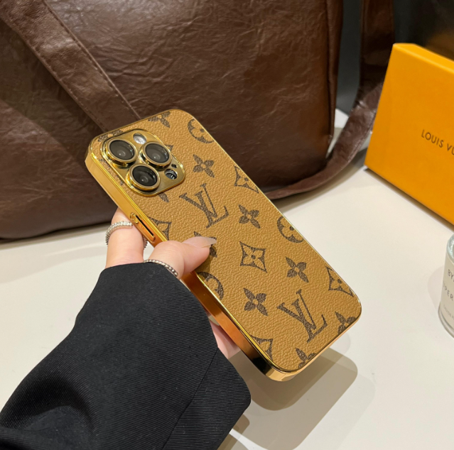Luksus klassisk monogram iPhone-deksel med galvaniserte gullkanter