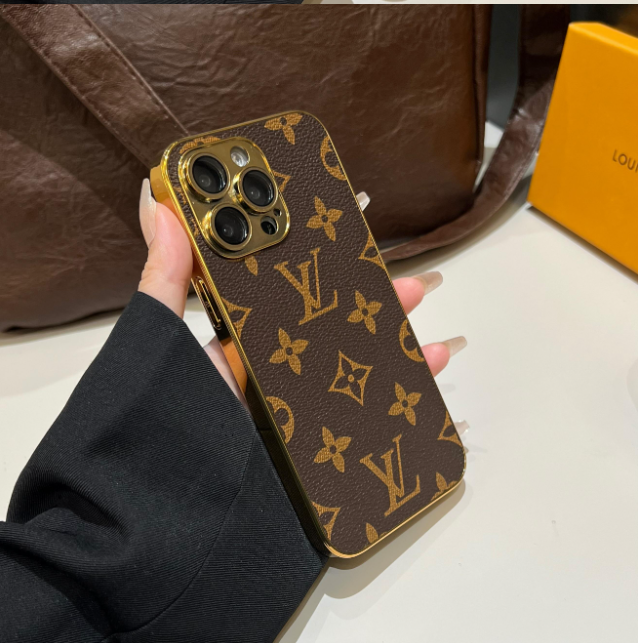 Luksus klassisk monogram iPhone-deksel med galvaniserte gullkanter