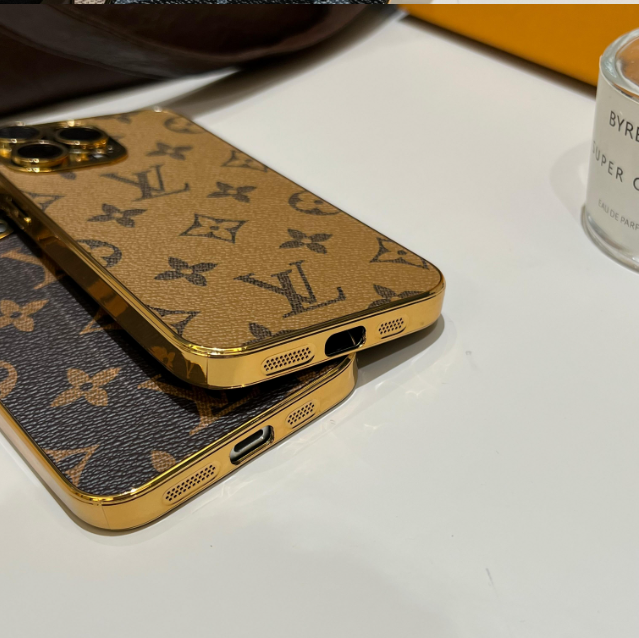 Luksus klassisk monogram iPhone-deksel med galvaniserte gullkanter