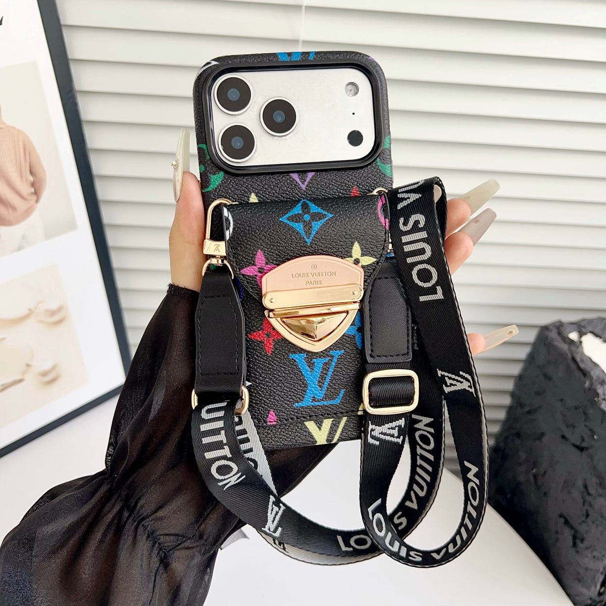 Luksus Crossbody iPhone-deksel med kortlomme og avtakbar stropp