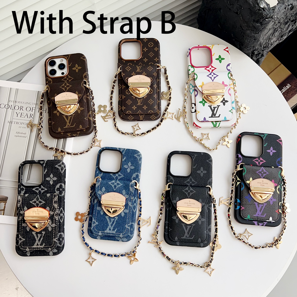 Luksus Crossbody iPhone-deksel med kortlomme og avtakbar stropp