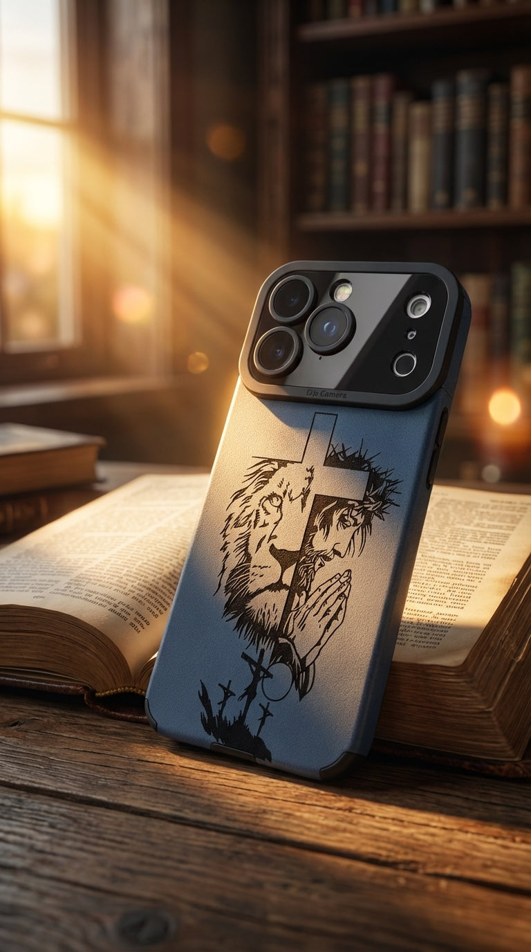 Faith & Pouzdro na iPhone s gravírováním – Lion & Prayer Cross Design