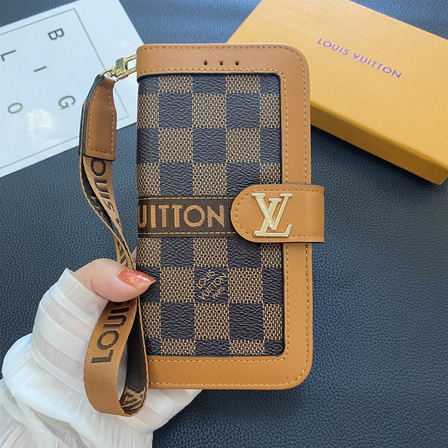 Premium äkta läder Monogram Canvas Plånbok Korthållare Fodral Samsung Galaxy