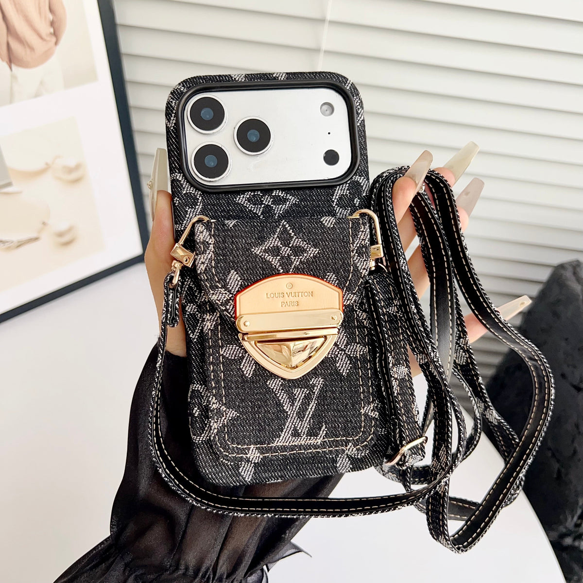 Luksus Crossbody iPhone-deksel med kortlomme og avtakbar stropp