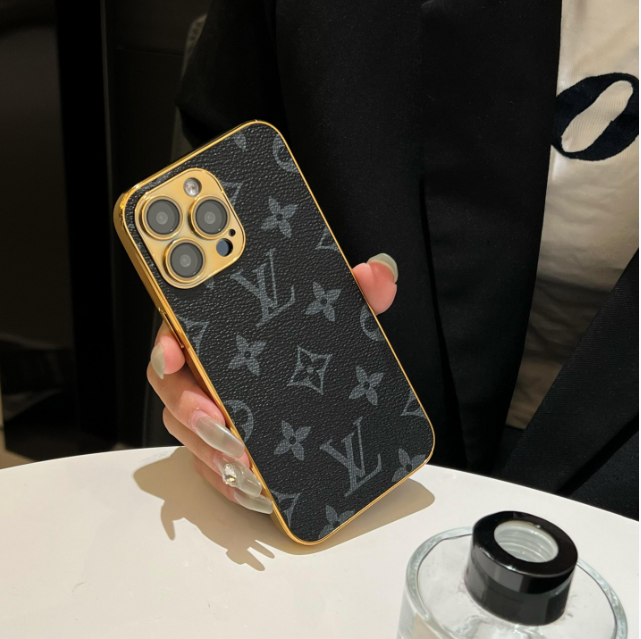 Luksus klassisk monogram iPhone-deksel med galvaniserte gullkanter