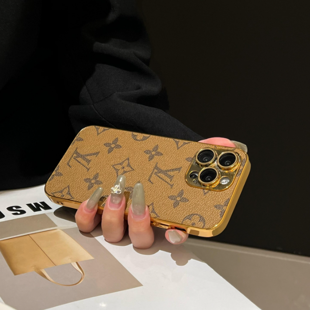 Luksus klassisk monogram iPhone-deksel med galvaniserte gullkanter