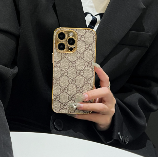 Luksus klassisk monogram iPhone-deksel med galvaniserte gullkanter