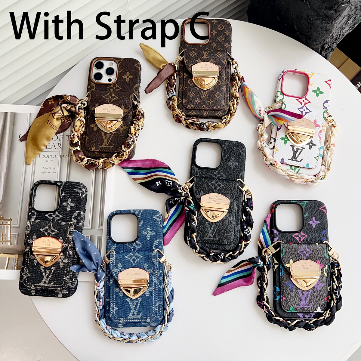 Luksus Crossbody iPhone-deksel med kortlomme og avtakbar stropp