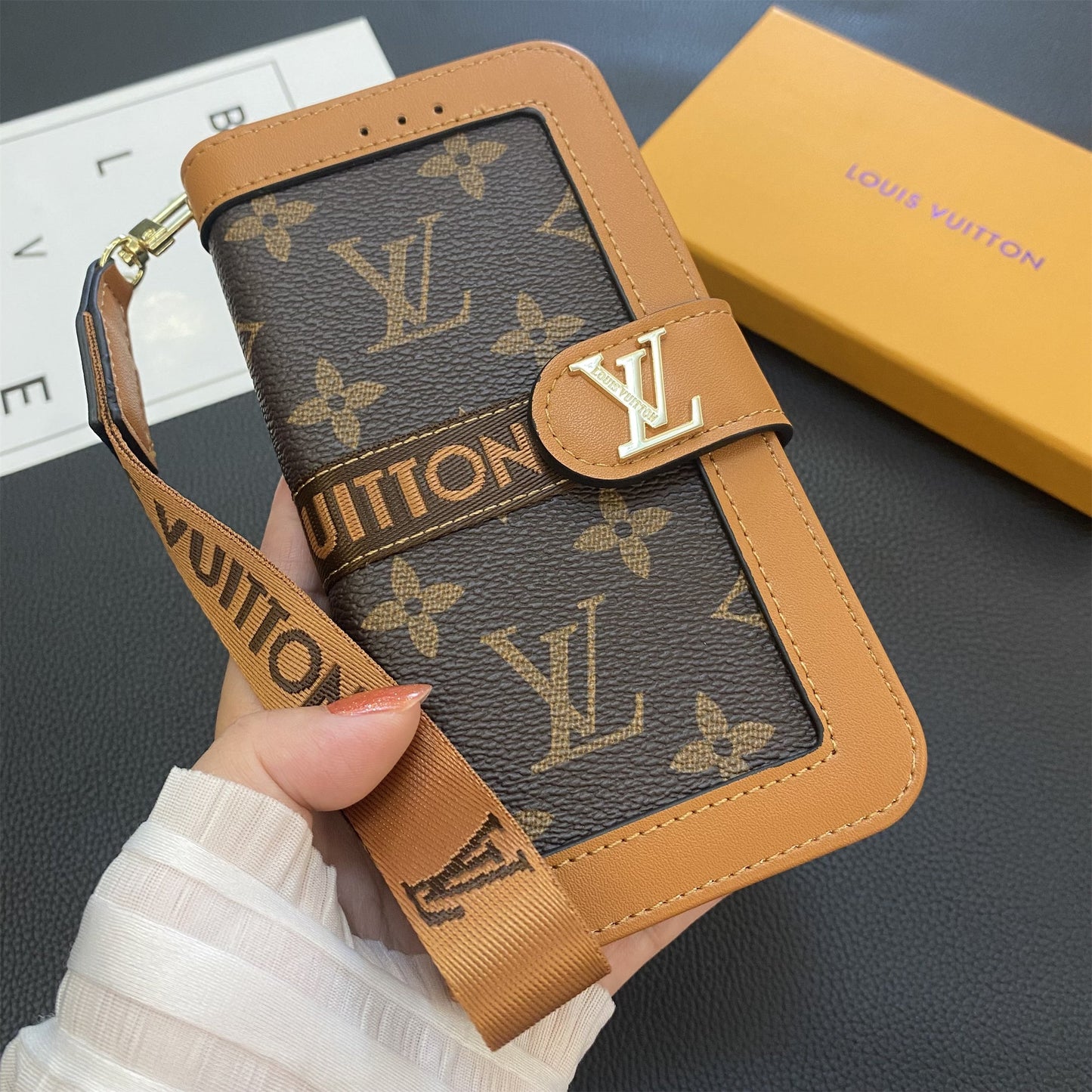 Premium äkta läder Monogram Canvas Plånbok Korthållare Fodral Samsung Galaxy