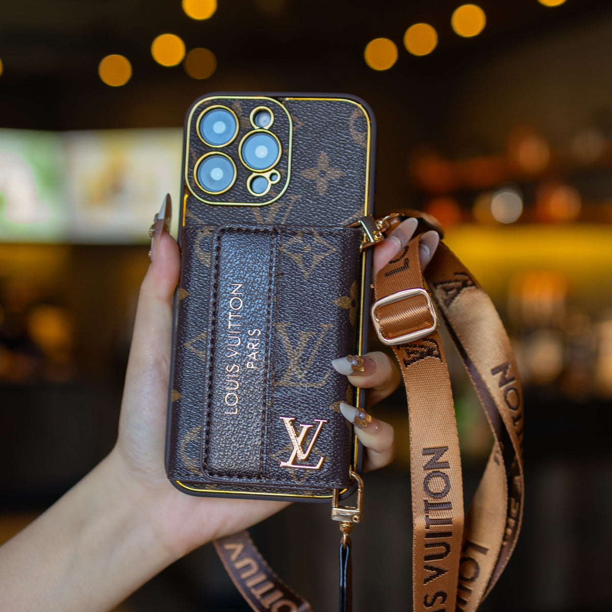 Funda de lujo para iPhone de cuero avanzado con tarjetero y correa