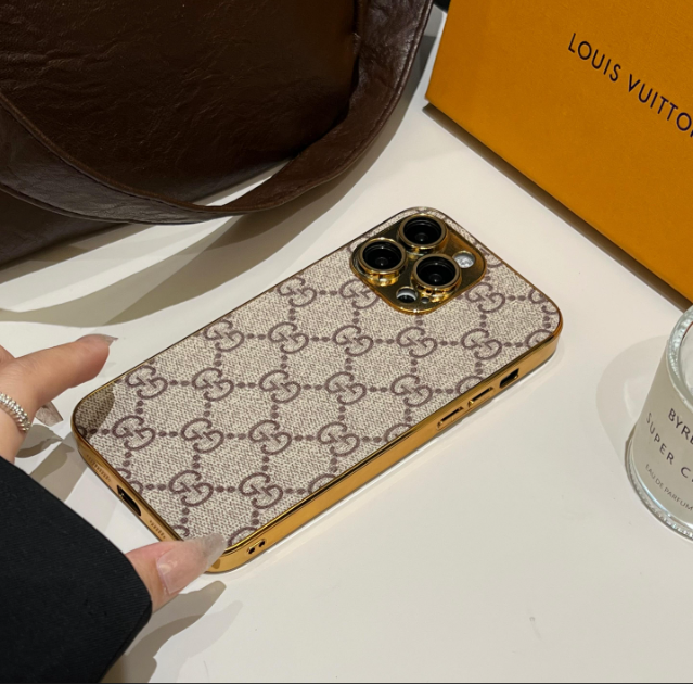Luksus klassisk monogram iPhone-deksel med galvaniserte gullkanter