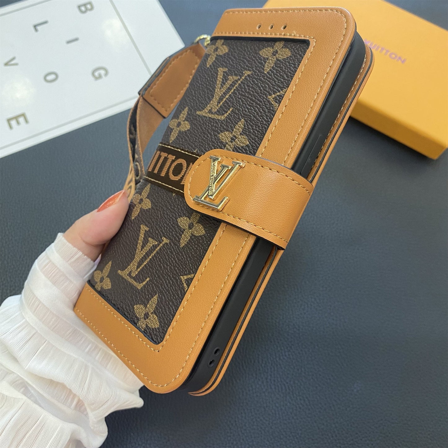 Premium äkta läder Monogram Canvas Plånbok Korthållare Fodral Samsung Galaxy