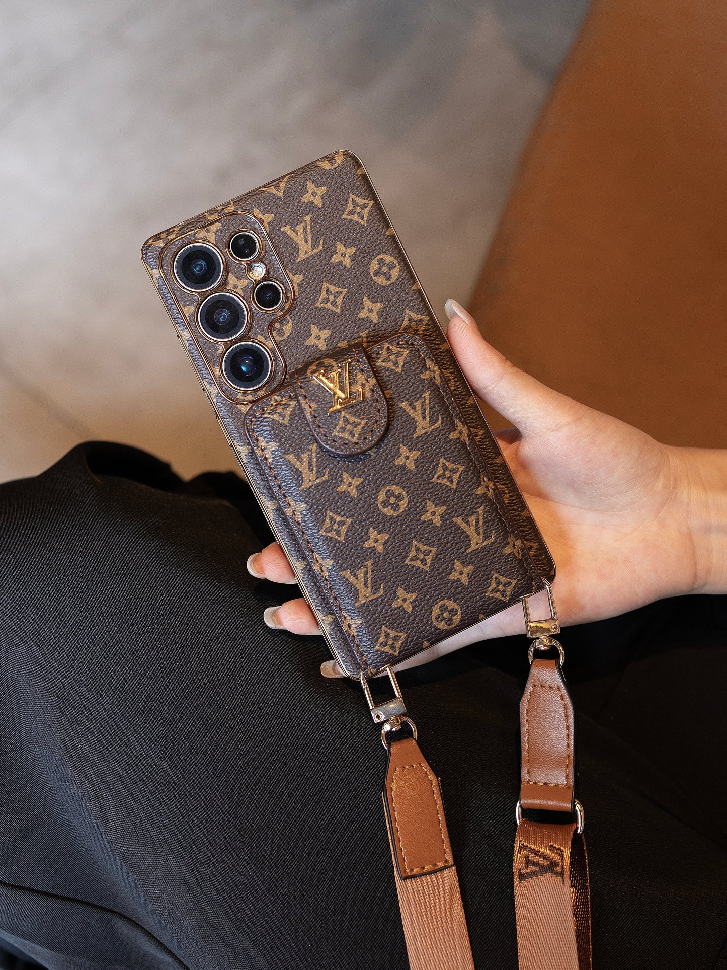 Lyxigt Monogram Läder Multi-Function Telefonfodral med handledsrem