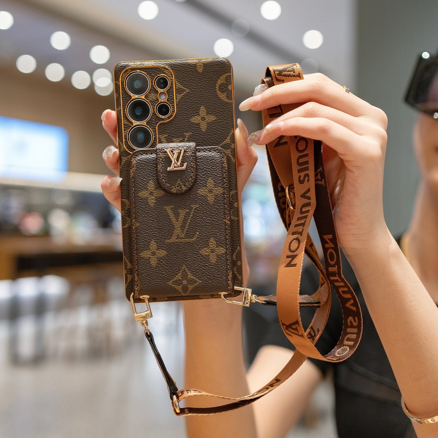 Lyxigt Monogram Läder Multi-Function Telefonfodral med handledsrem
