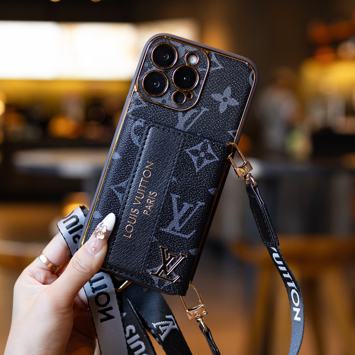 Funda de lujo para iPhone de cuero avanzado con tarjetero y correa
