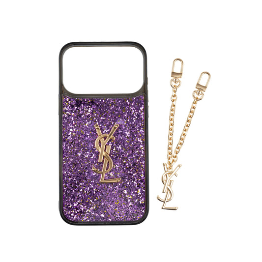 Funda para iPhone 17 Pro Max con detalle de cadena y purpurina