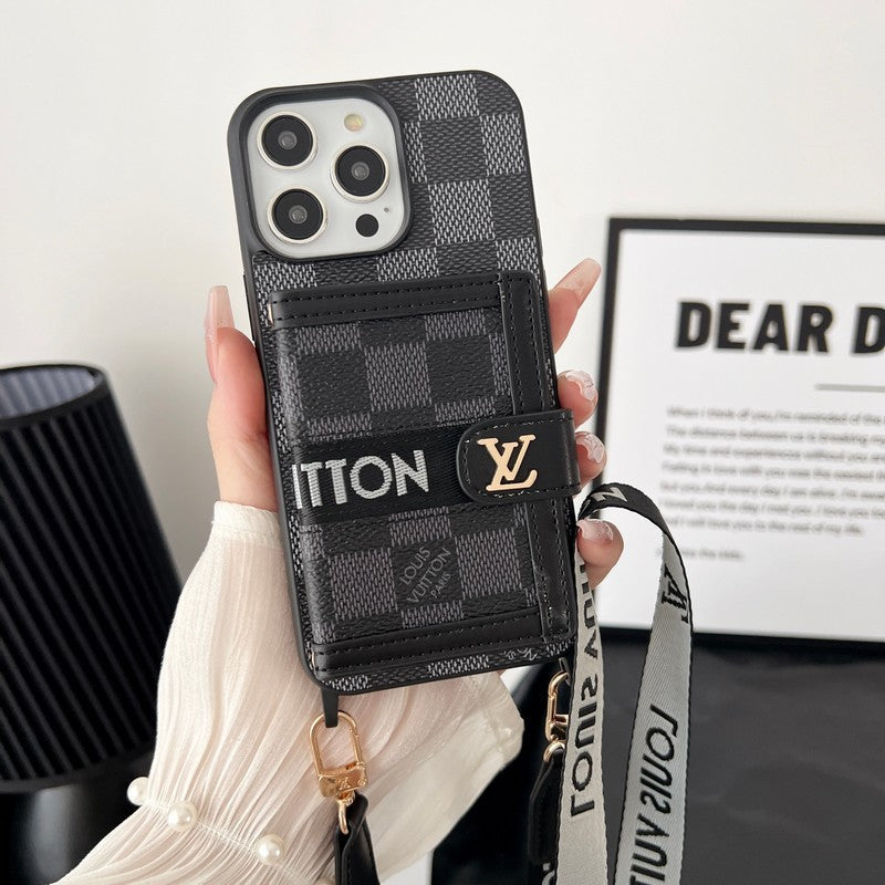 Custodia per iPhone in bianco e nero con catena per portacarte di lusso