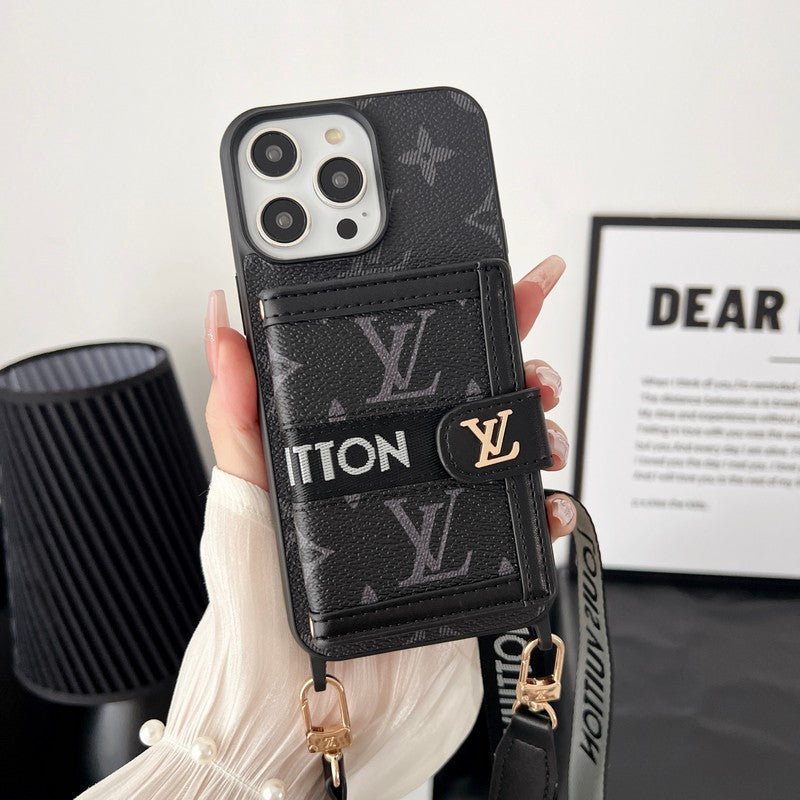 Custodia per iPhone in bianco e nero con catena per portacarte di lusso