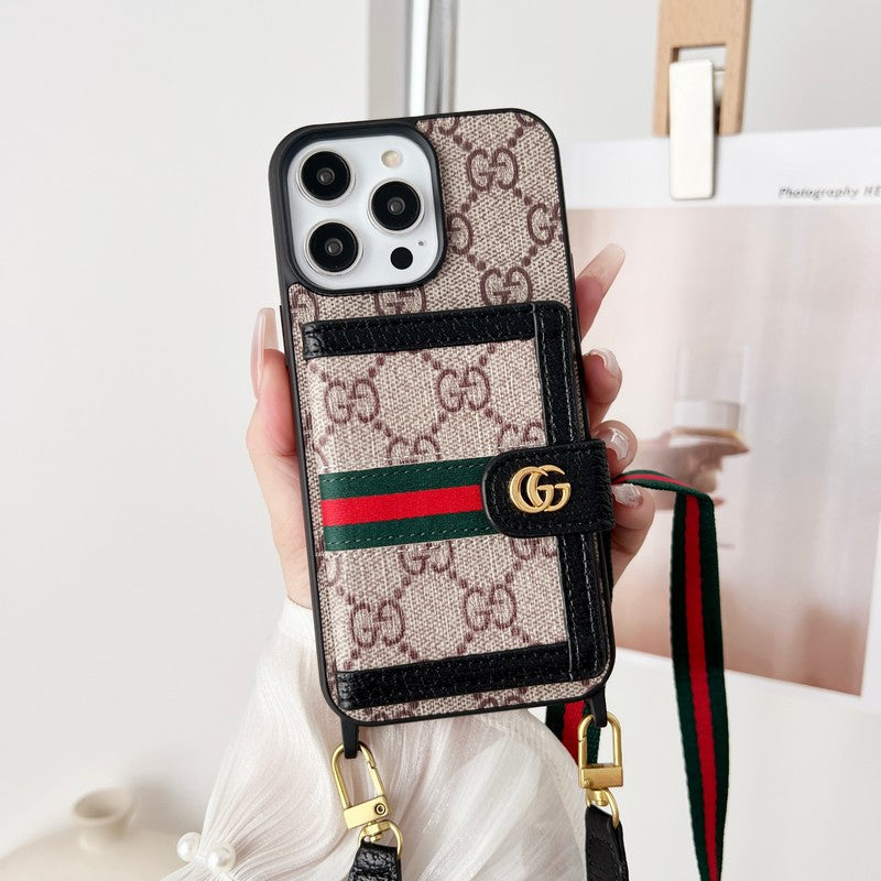 Capa clássica para iPhone com corrente de bolsa de cartão premium
