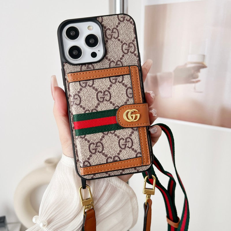 Capa clássica para iPhone com corrente de bolsa de cartão premium