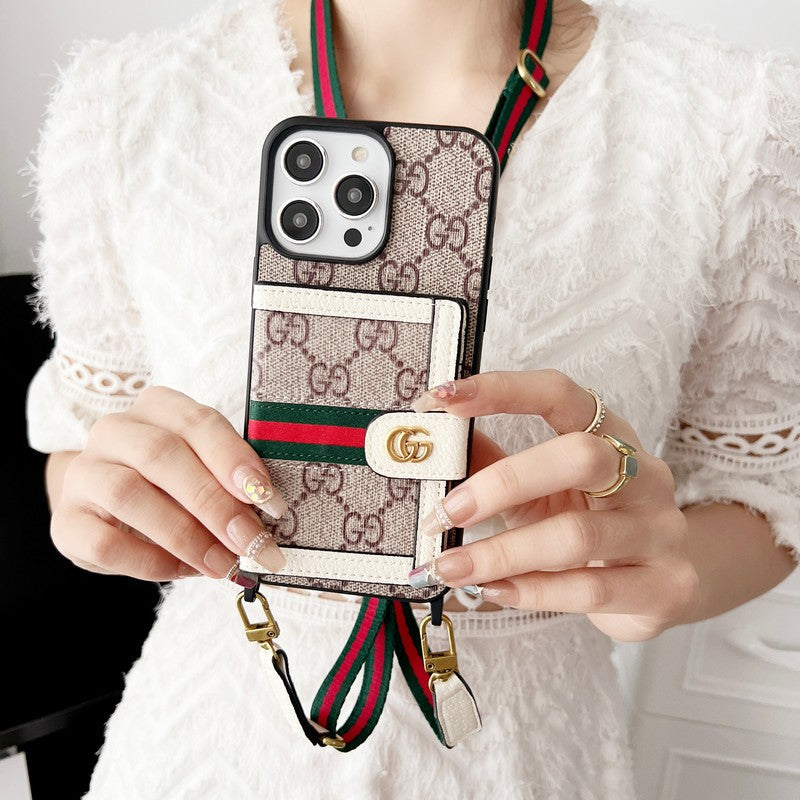 Capa clássica para iPhone com corrente de bolsa de cartão premium