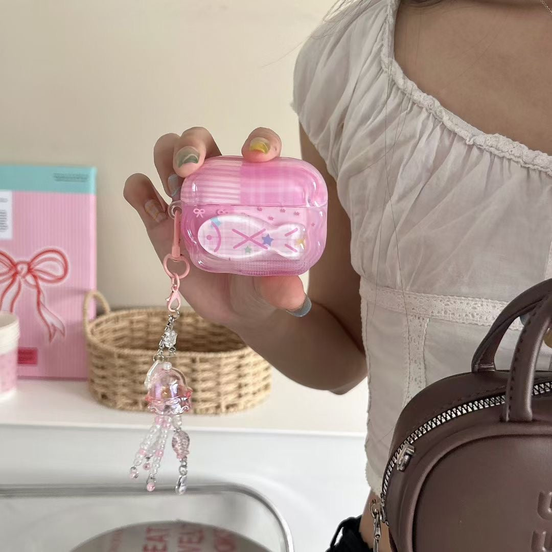 Vaaleanpunainen Unicorn AirPods -kotelo kristallihelmikorulla