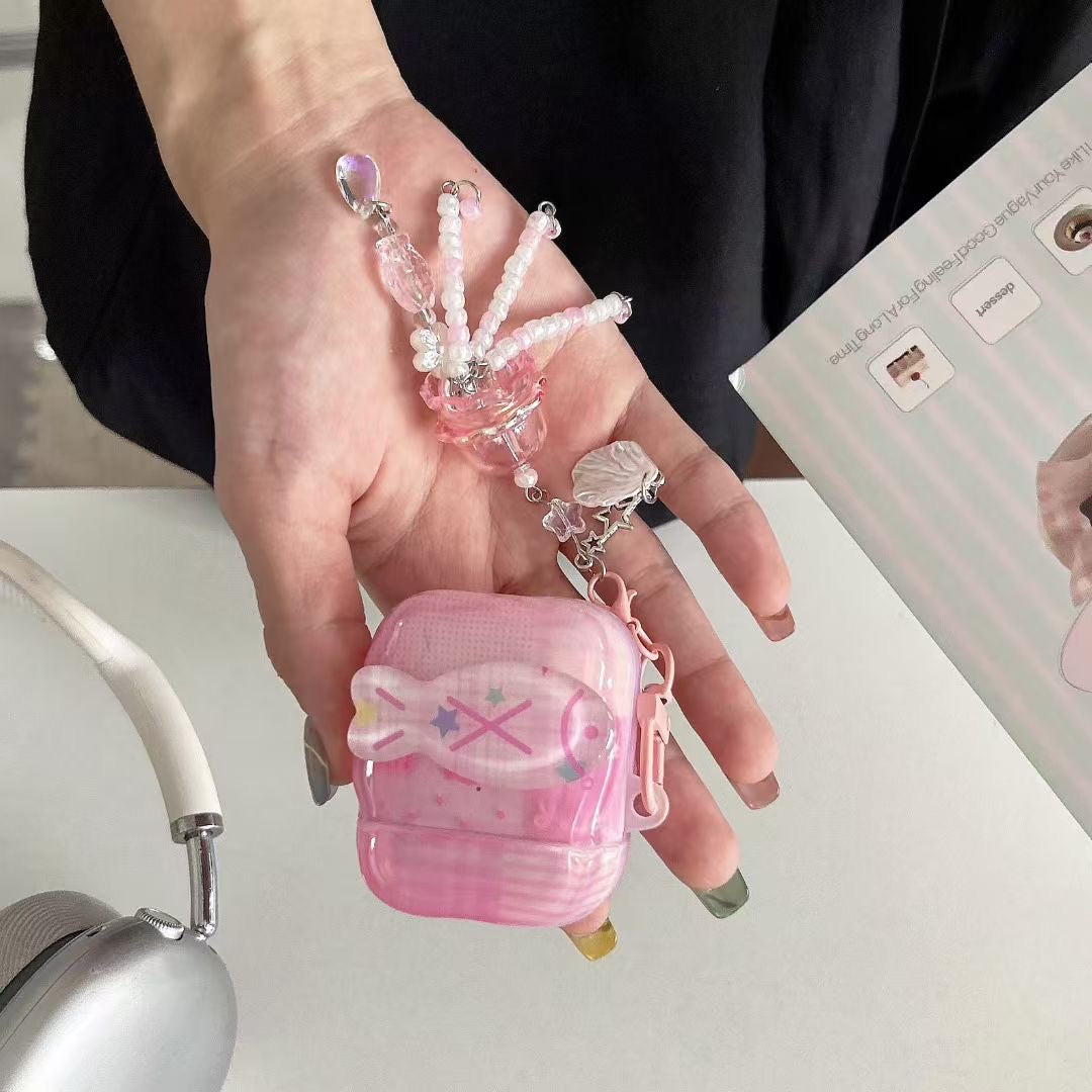 Vaaleanpunainen Unicorn AirPods -kotelo kristallihelmikorulla