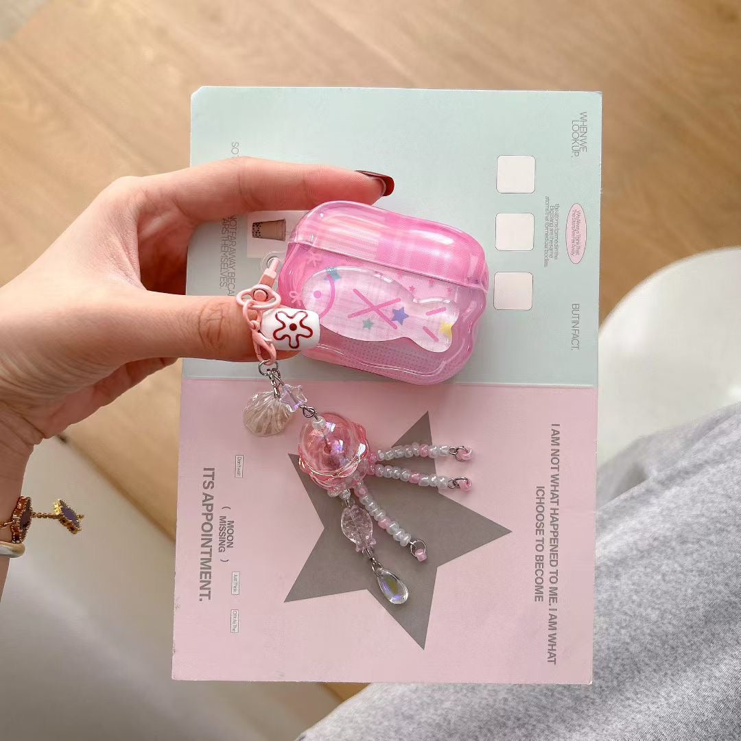 Vaaleanpunainen Unicorn AirPods -kotelo kristallihelmikorulla