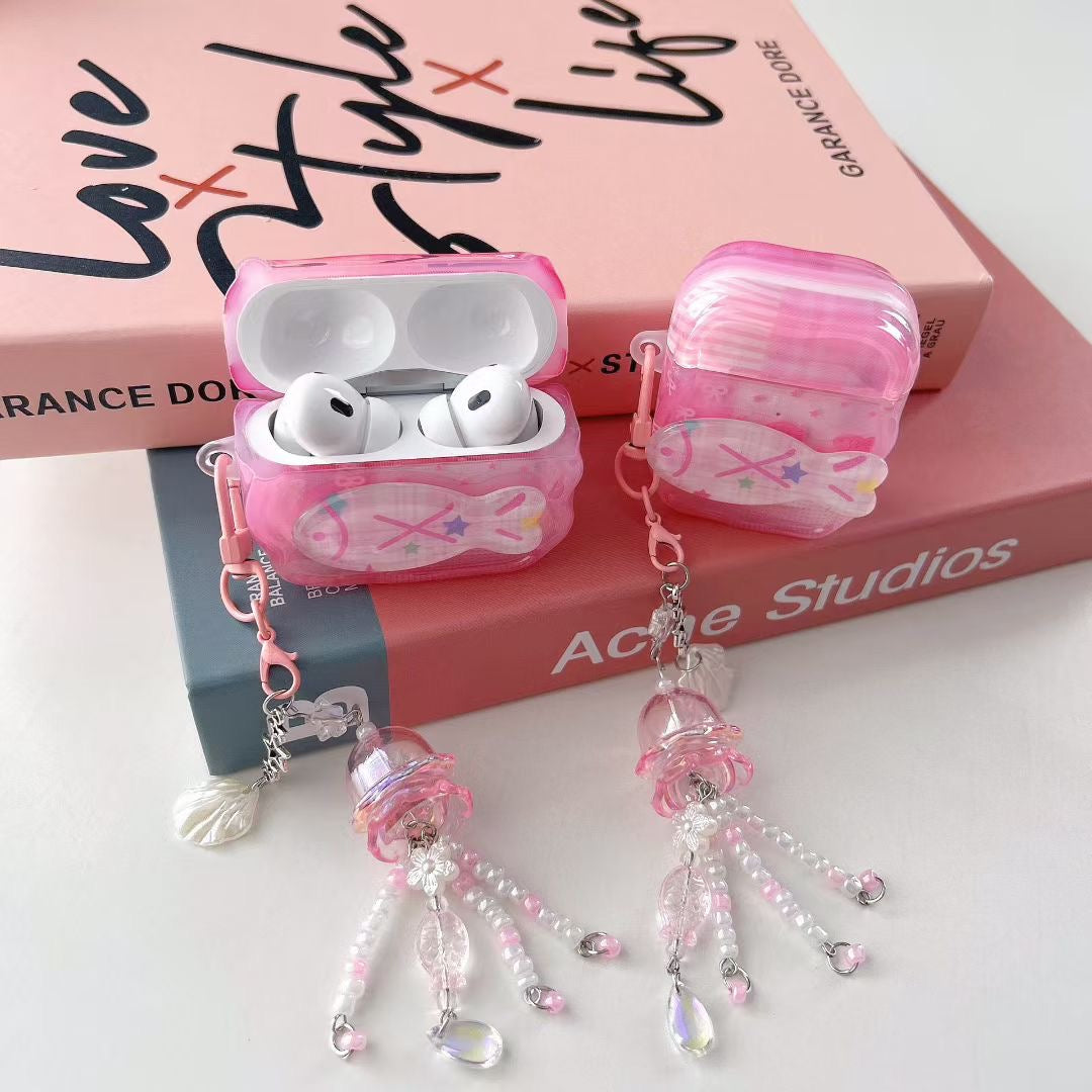 Vaaleanpunainen Unicorn AirPods -kotelo kristallihelmikorulla