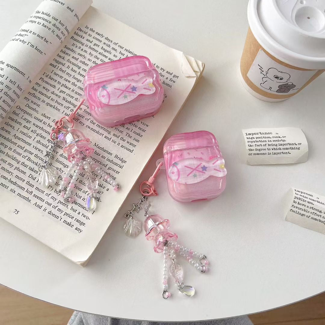 Vaaleanpunainen Unicorn AirPods -kotelo kristallihelmikorulla
