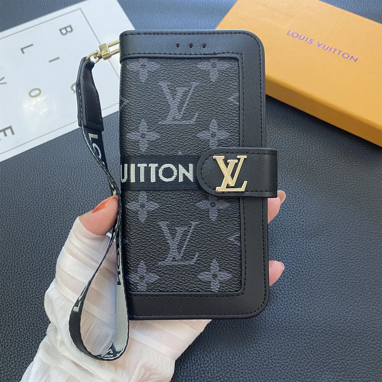 Premium äkta läder Monogram Canvas Plånbok Korthållare Fodral Samsung Galaxy
