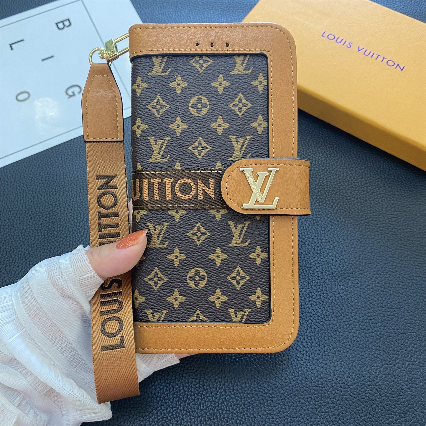 Premium äkta läder Monogram Canvas Plånbok Korthållare Fodral Samsung Galaxy