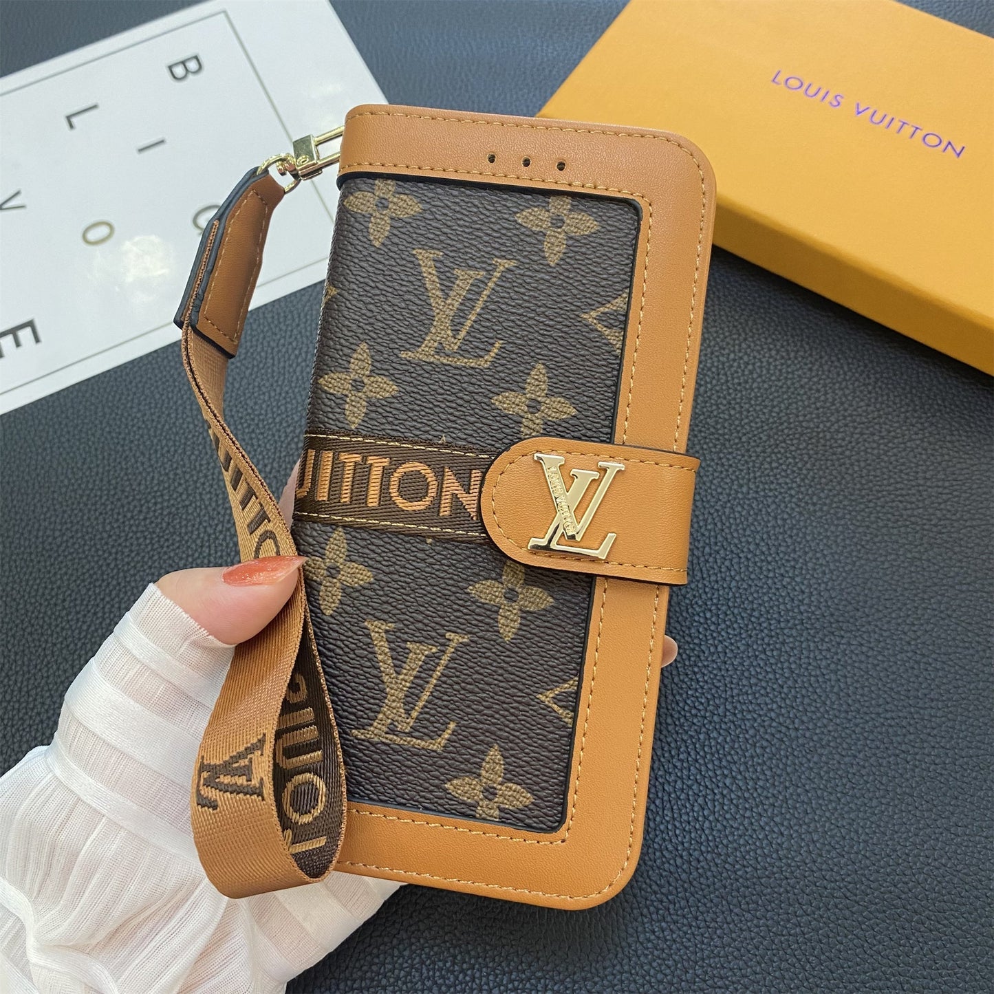 Premium äkta läder Monogram Canvas Plånbok Korthållare Fodral Samsung Galaxy