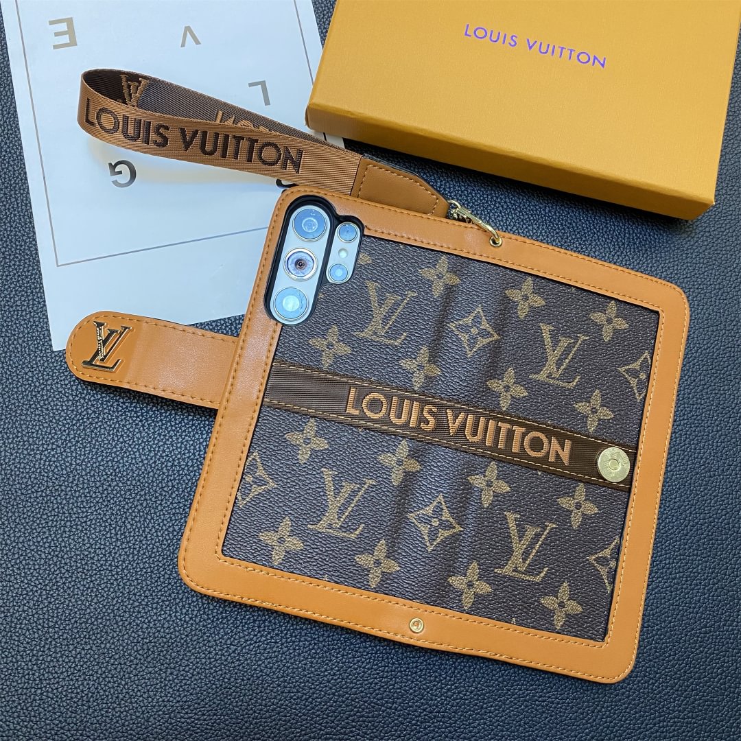 Premium äkta läder Monogram Canvas Plånbok Korthållare Fodral Samsung Galaxy