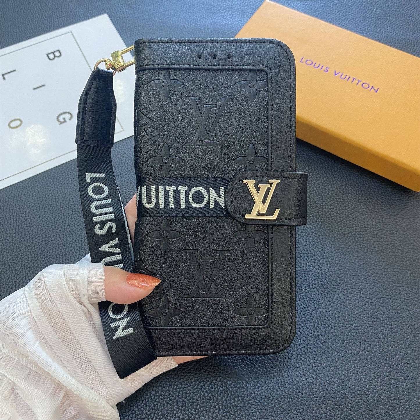 Premium äkta läder Monogram Canvas Plånbok Korthållare Fodral Samsung Galaxy