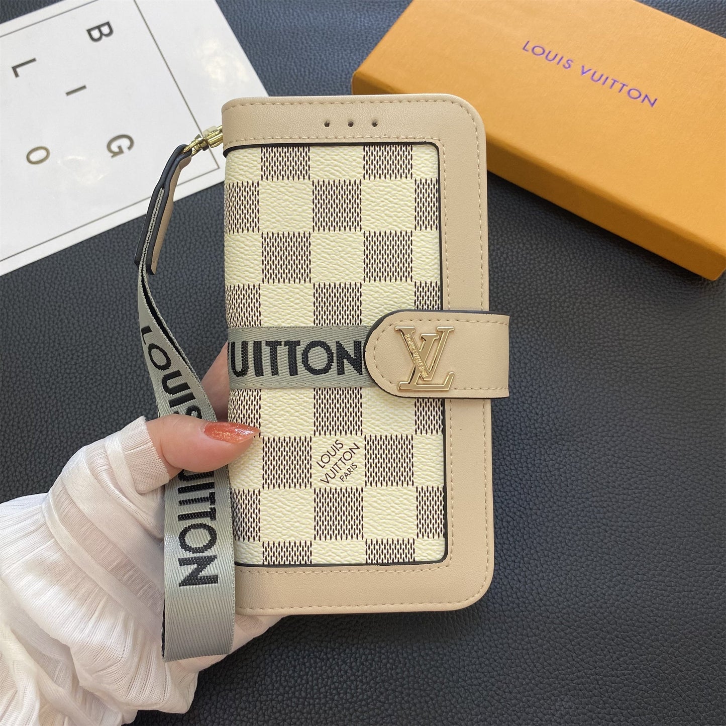 Premium äkta läder Monogram Canvas Plånbok Korthållare Fodral Samsung Galaxy