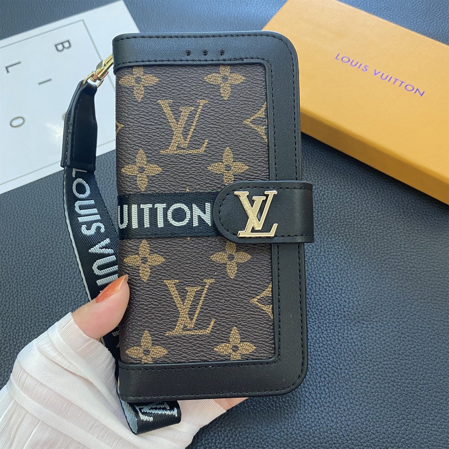Premium äkta läder Monogram Canvas Plånbok Korthållare Fodral Samsung Galaxy
