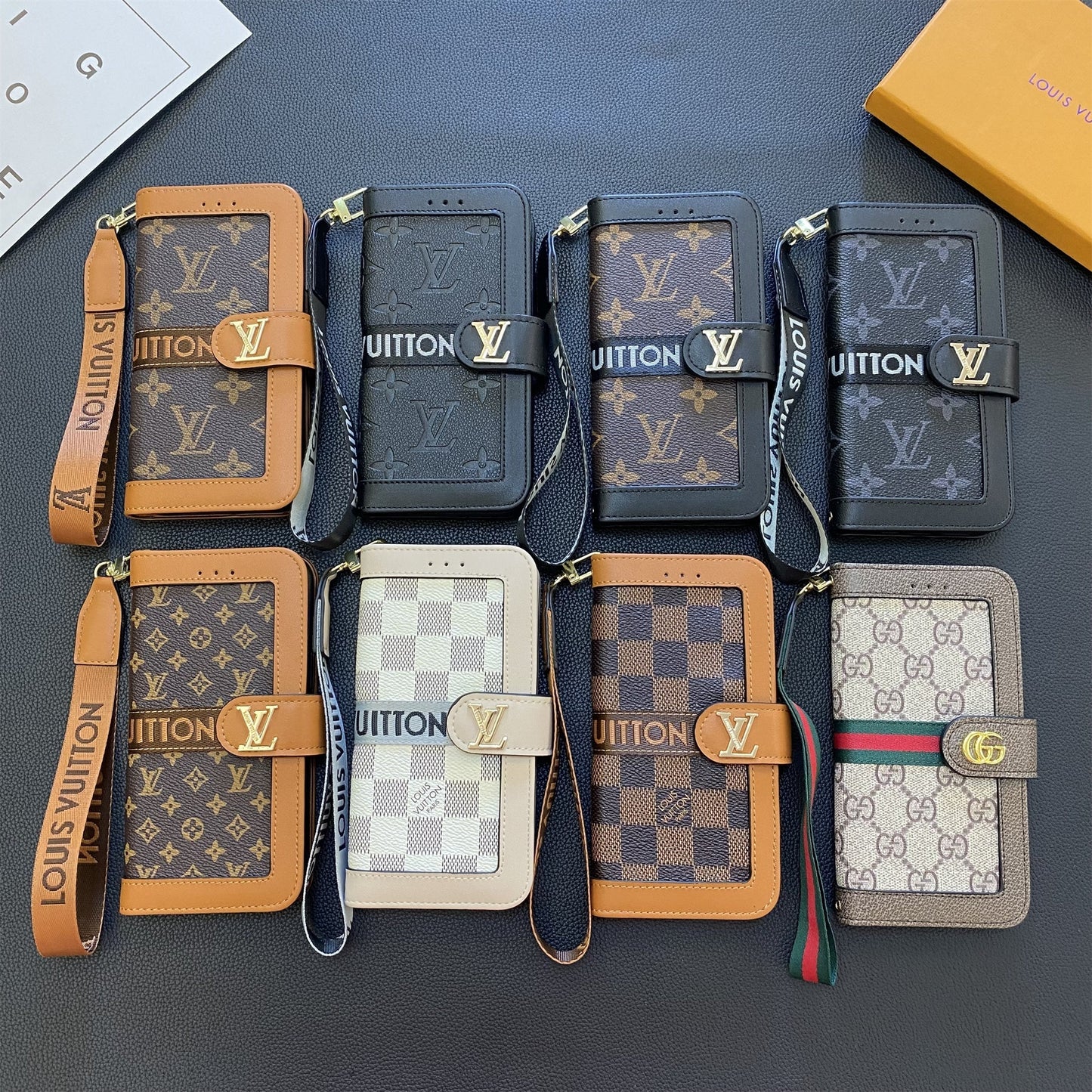 Premium äkta läder Monogram Canvas Plånbok Korthållare Fodral Samsung Galaxy