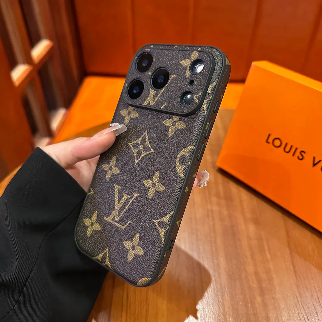 Étui de protection en cuir à motifs haut de gamme pour iPhone - Conception de couverture d'appareil photo coulissant