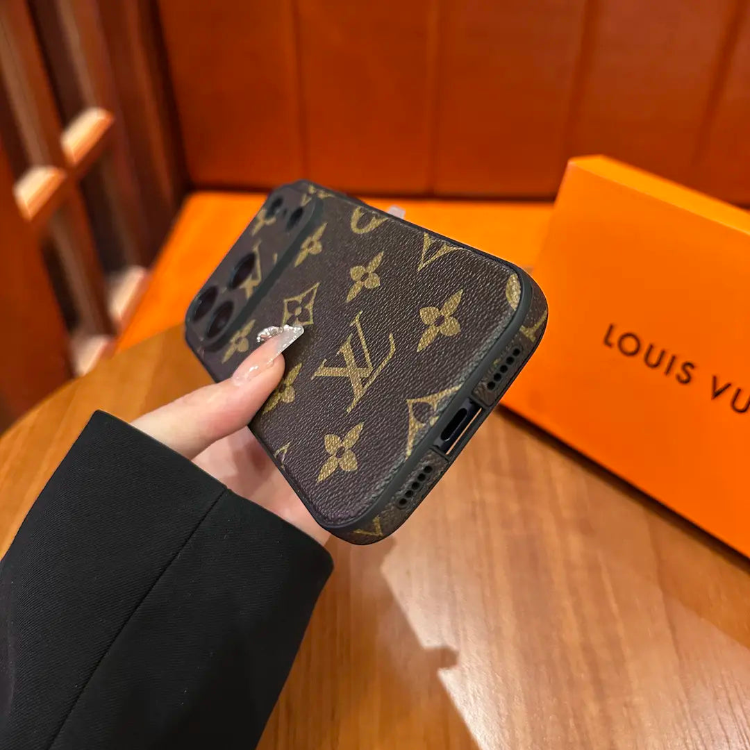 Étui de protection en cuir à motifs haut de gamme pour iPhone - Conception de couverture d'appareil photo coulissant