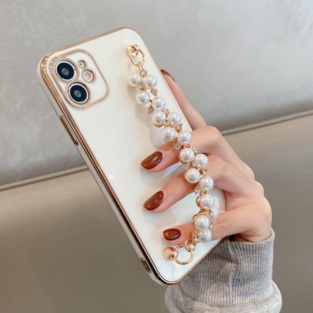 Custodia per iPhone con catena di perle lucide