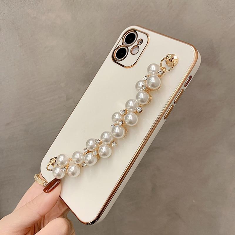Custodia per iPhone con catena di perle lucide