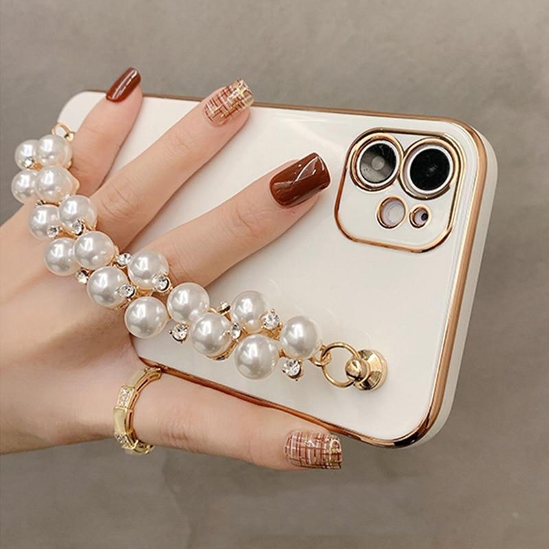Custodia per iPhone con catena di perle lucide