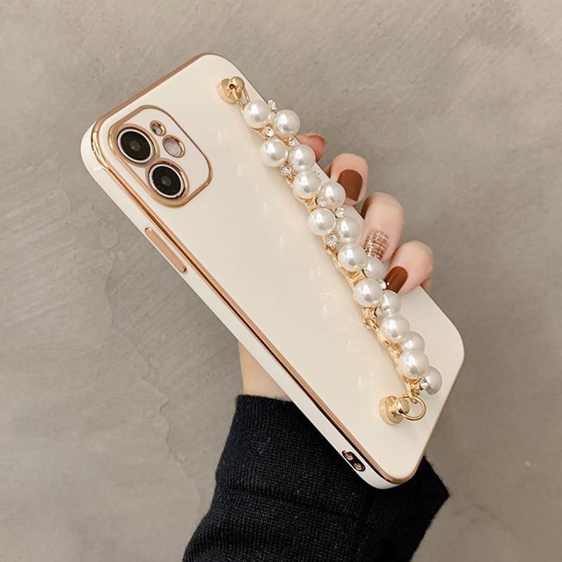 Custodia per iPhone con catena di perle lucide