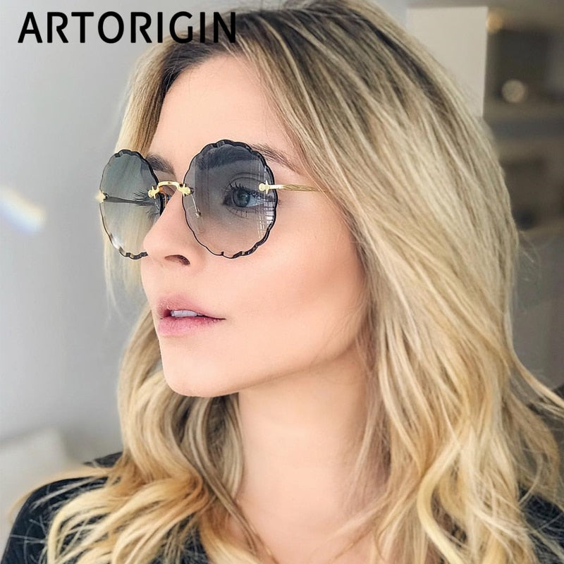 Gafas de sol redondas de lujo para mujer, gafas de sol sin montura de diseñador de marca para mujer, gafas Rosie a la moda