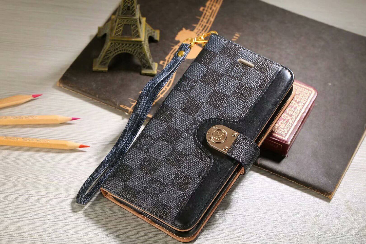 Étui portefeuille de luxe monogramme pour Samsung – Damier noir