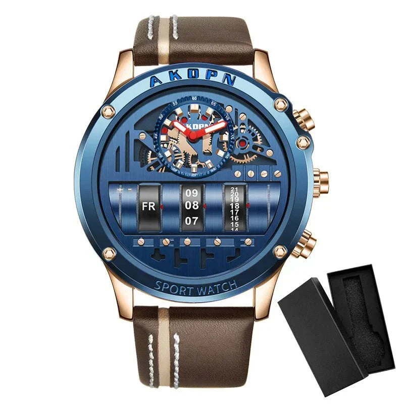 Elegante reloj de cuarzo para hombre con fecha giratoria única y correa de cuero: reloj informal de inspiración militar
